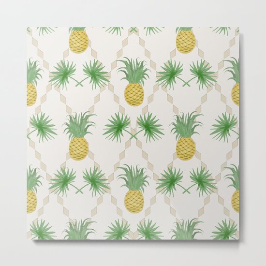 Exotic tropical seamless pattern with palm branches and pineapples . Metal Print