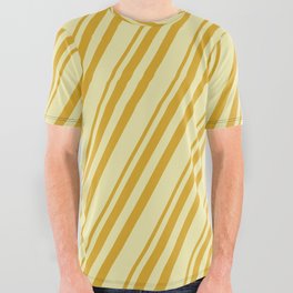[ Thumbnail: Goldenrod and Pale Goldenrod Colored Stripes Pattern All Over Graphic Tee ]