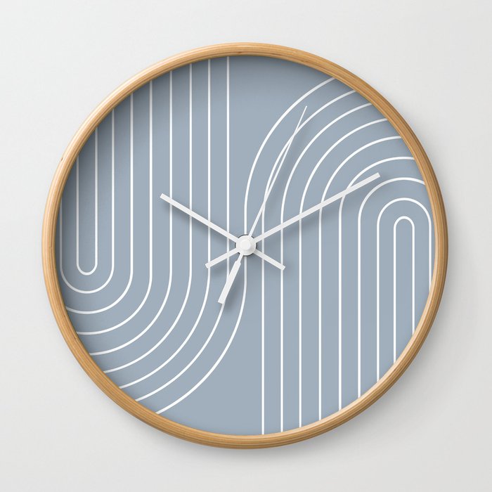 Minimal Line Curvature LXXVII Natural Blue Mid Century Modern Arch Abstract Wall Clock