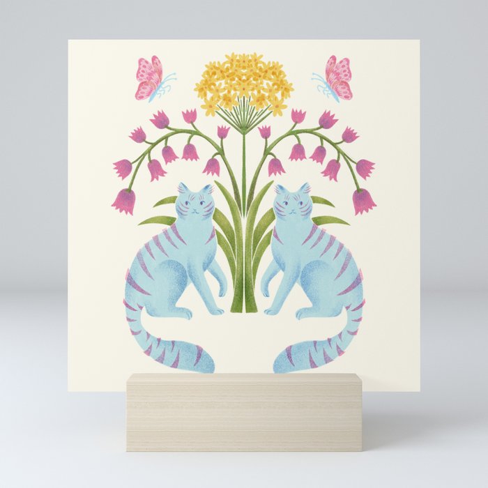 Fantastic Blue Cats & Flowers Mini Art Print
