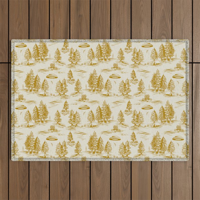 Yellow/Gold Alien Abduction Toile De Jouy Pattern Outdoor Rug