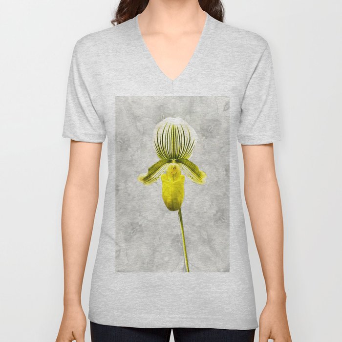 Yellow Lady - Yellow and Gray Floral Botanical Art V Neck T Shirt