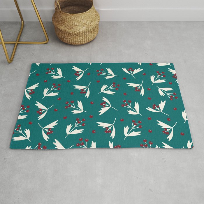 Red Berries on Turquoise Pattern Background Rug