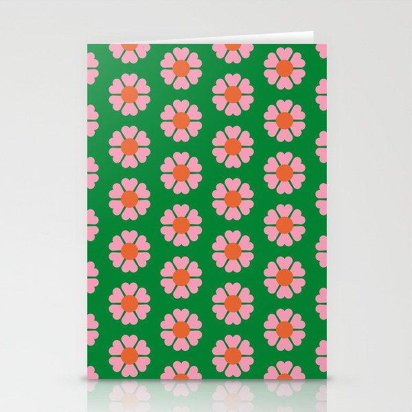 70s retro vintage green, pink and orange pattern background Stationery Cards