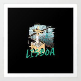 view of the tagus river and Christ the King monument in Lisbon Art Print