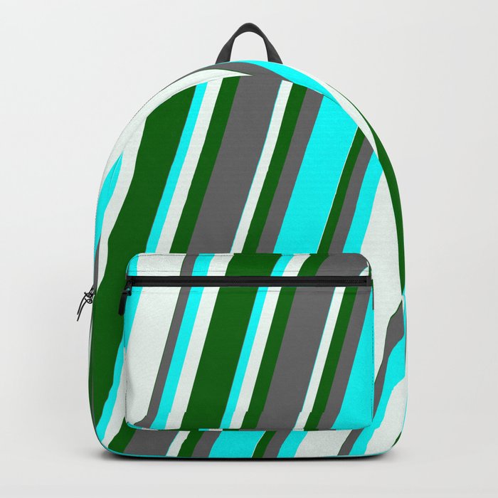 Dim Grey, Cyan, Mint Cream & Dark Green Colored Stripes Pattern Backpack