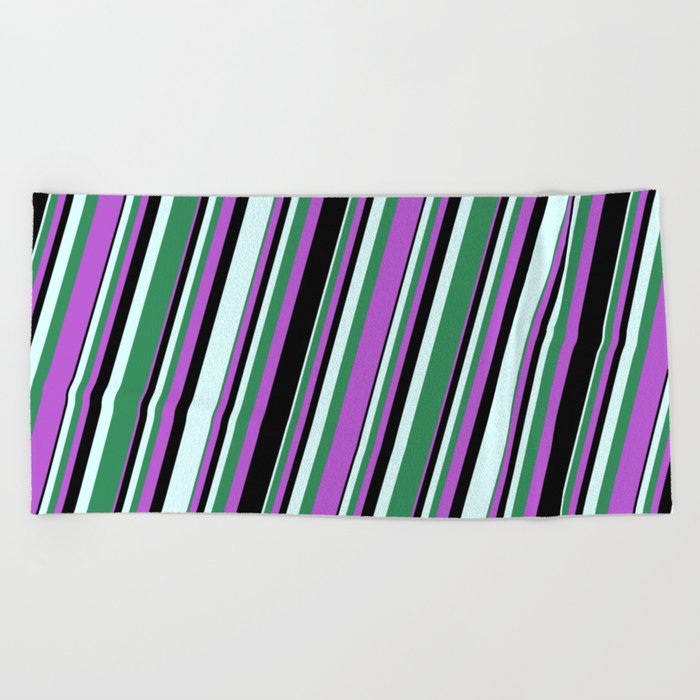 Orchid, Black, Light Cyan, and Sea Green Colored Lined/Striped Pattern Beach Towel