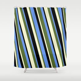 [ Thumbnail: Cornflower Blue, Dark Olive Green, Light Yellow, and Black Colored Lines/Stripes Pattern Shower Curtain ]