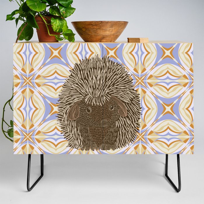 Cute hedgehog standing on a purple and orange pattern background - animal graphic design Credenza
