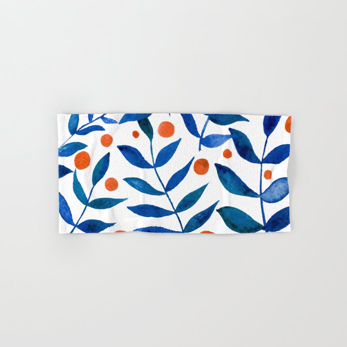 Watercolor berries and branches - blue and orange Hand & Bath Towel