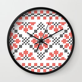 Traditional ethnic cross-stitch flower rows white Wall Clock