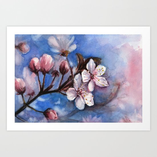 Cherry Blossoms Watercolor Spring Flowers Art Print