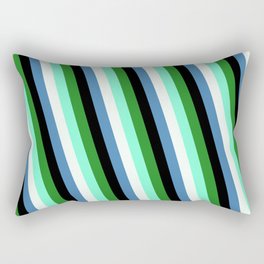 [ Thumbnail: Colorful Forest Green, Aquamarine, Mint Cream, Blue & Black Colored Stripes Pattern Rectangular Pillow ]