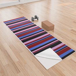 [ Thumbnail: Royal Blue, Maroon, Plum, and Black Colored Striped/Lined Pattern Yoga Towel ]