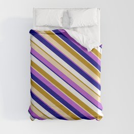 [ Thumbnail: Eye-catching Dark Goldenrod, Tan, Orchid, Blue & White Colored Striped Pattern Duvet Cover ]
