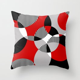 Mid Century Modern Circles and Stripes Red, Gray, Black, White Throw Pillow