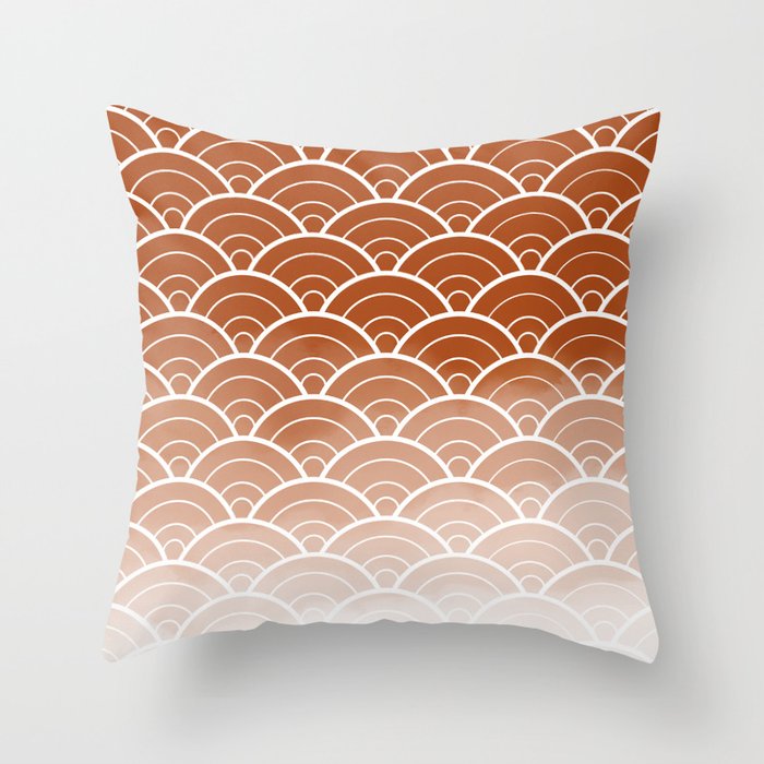 Burnt Orange Ombre Japanese Waves Pattern Throw Pillow