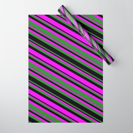 [ Thumbnail: Fuchsia, Forest Green & Black Colored Lines/Stripes Pattern Wrapping Paper ]