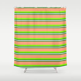 [ Thumbnail: Colorful Lavender, Forest Green, Light Salmon, Chartreuse, and Dark Green Colored Lined Pattern Shower Curtain ]