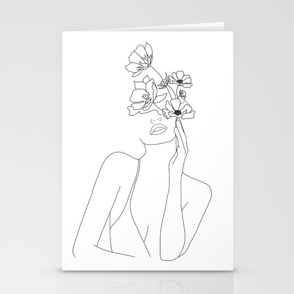 Minimal Line Art Woman with Flowers Stationery Cards