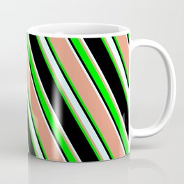 [ Thumbnail: Dark Salmon, Lime, Black & Light Cyan Colored Lines/Stripes Pattern Coffee Mug ]