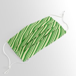 [ Thumbnail: Pale Goldenrod & Green Colored Stripes/Lines Pattern Face Mask ]