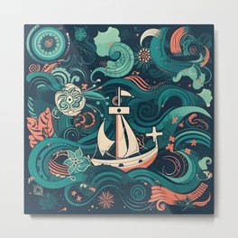 Oceanic Serenade Abstract Nautical Artwork Metal Print