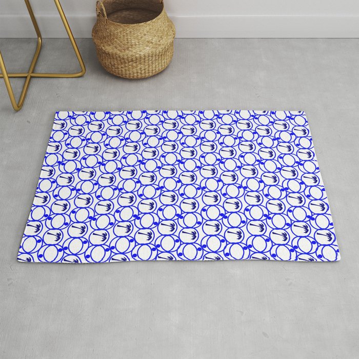 Blue and White Geometric Pattern With Palm Trees Rug