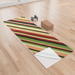 [ Thumbnail: Colorful Green, Pale Goldenrod, Brown, Dark Red & Black Colored Stripes Pattern Yoga Towel ]