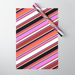 [ Thumbnail: Eye-catching Violet, Brown, Red, White & Black Colored Striped/Lined Pattern Wrapping Paper ]