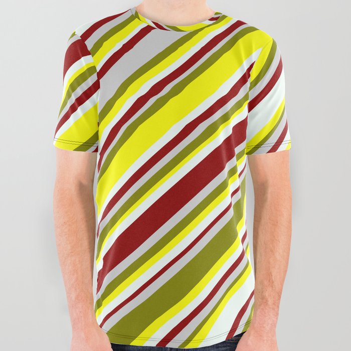 Eyecatching Green, Yellow, Mint Cream, Dark Red, and Light Gray Colored Lined Pattern All Over Graphic Tee