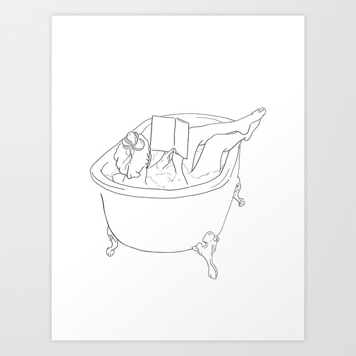 A Reading Girl in Bathtub, Black and White Minimal Lines Poster, OutLine Drawing, Bathroom Design Art Print