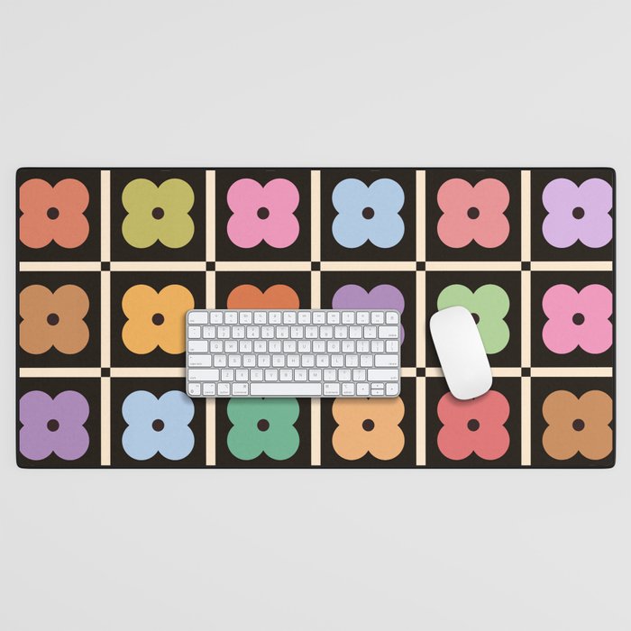 Colorful Flowers and Black & White Patchwork Gingham  Desk Mat