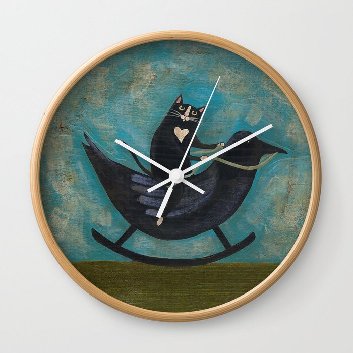 Cat on a Rocking Crow Wall Clock
