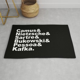 Camus& Nietzsche& Sartre& Bukowski& Pessoa& Kafka. White on Black Rug | Black and White, Typography 
