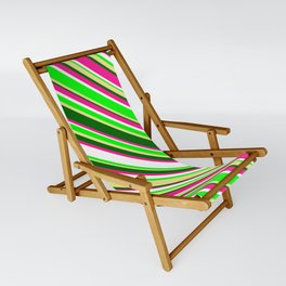 [ Thumbnail: Eye-catching Deep Pink, White, Lime, Tan & Dark Green Colored Lined/Striped Pattern Sling Chair ]