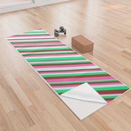 [ Thumbnail: Green, Brown, Hot Pink & Light Cyan Colored Striped Pattern Yoga Towel ]
