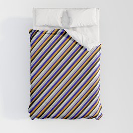 [ Thumbnail: Eyecatching Blue, Orange, Black, Mint Cream, and Grey Colored Lined Pattern Duvet Cover ]