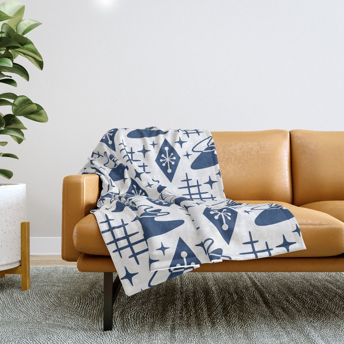 Mid Century Modern Space age Boomerang Pattern 456 Navy Blue Throw Blanket