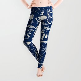 White Old-Fashioned 1920s Vintage Pattern on Navy Blue Leggings