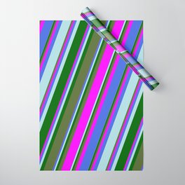 [ Thumbnail: Colorful Dark Olive Green, Fuchsia, Royal Blue, Powder Blue, and Dark Green Colored Lines Pattern Wrapping Paper ]