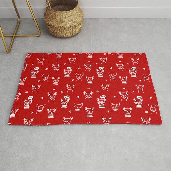 Red and White Hand Drawn Dog Puppy Pattern Rug