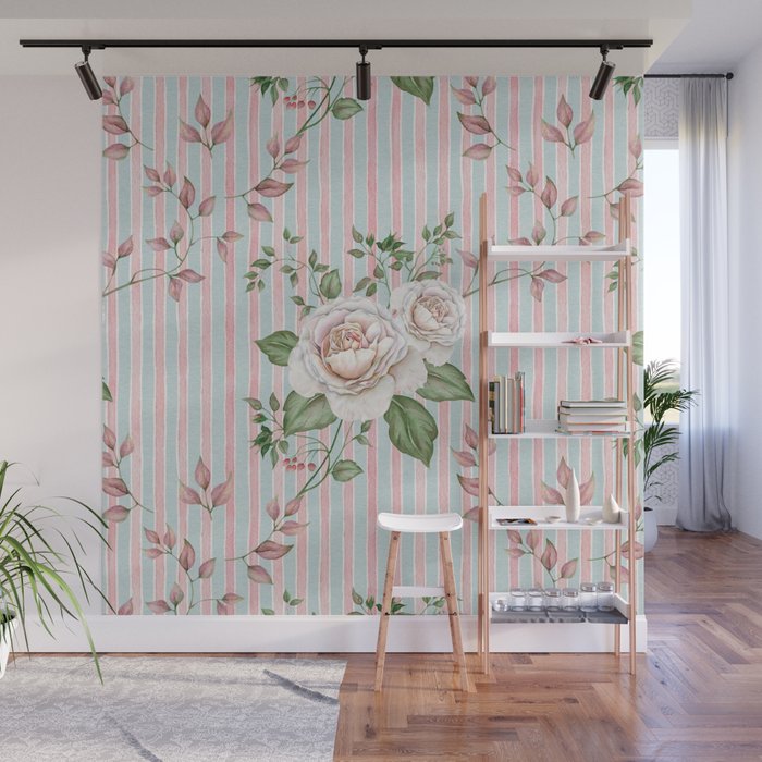 Pastel pink and blue watercolor striped pattern with roses and foliage Wall Mural