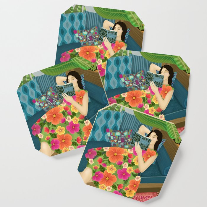Women Who Read Are Dangerous- Woman reading plant filled room Coaster
