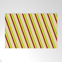 [ Thumbnail: Vibrant Maroon, Tan, Green, Yellow & Brown Colored Lined/Striped Pattern Welcome Mat ]