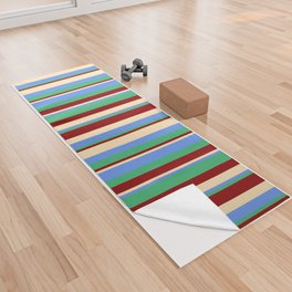 [ Thumbnail: Beige, Cornflower Blue, Sea Green, and Dark Red Colored Lines/Stripes Pattern Yoga Towel ]