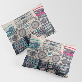 Retro old school design ghetto blaster stereo radio cassette tape recorders boombox tower from circa 1980s front concrete wall background. Vintage style filtered photo Pillow Sham