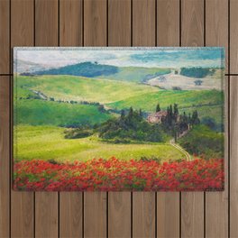 Rolling Hills of Tuscany, Italy with Red Poppy Fields landscape painting Outdoor Rug