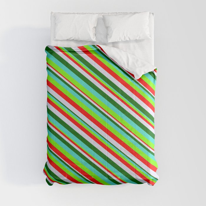 Vibrant Turquoise, Green, Red, Lavender & Dark Green Colored Lined/Striped Pattern Comforter
