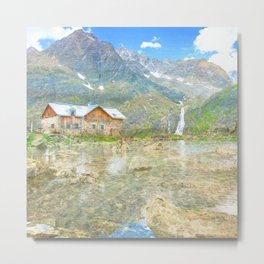mountain cabin impressionism painted realistic scene Metal Print